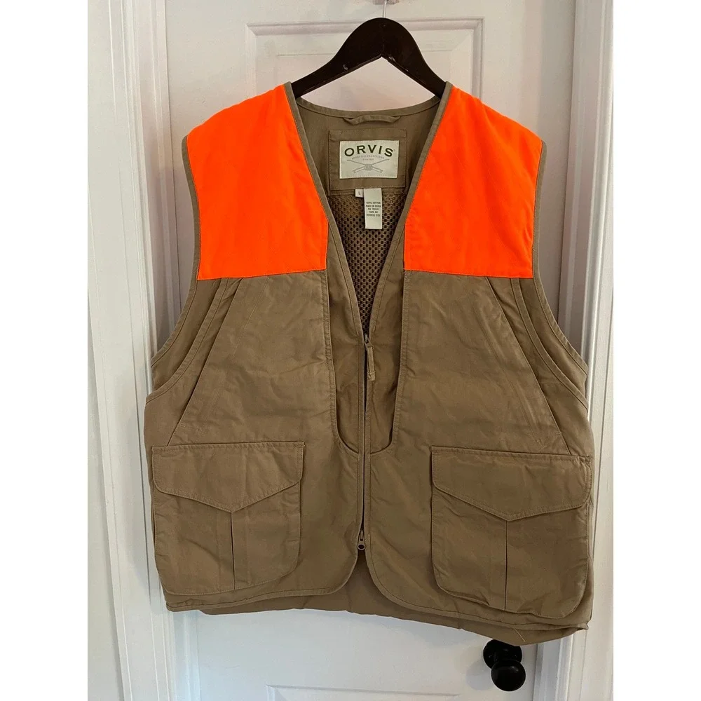 Orvis Mens Blaze Orange Hunting Vest Cotton Canvas Field Gear Tan Large